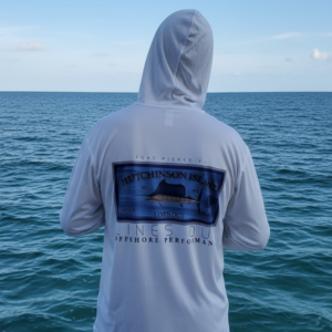 Long sleeve hooded UPF 50 performance shirt for anglers and outdoor enthusiasts, lightweight, breathable, moisture-wicking, sun-protective shirt for fishing, hiking, and outdoor adventures.