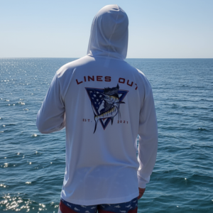 Long sleeve hooded UPF 50 performance shirt for anglers and outdoor enthusiasts, lightweight, breathable, moisture-wicking, sun-protective shirt for fishing, hiking, and outdoor adventures.