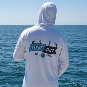 Long sleeve hooded UPF 50 performance shirt for anglers and outdoor enthusiasts, lightweight, breathable, moisture-wicking, sun-protective shirt for fishing, hiking, and outdoor adventures.