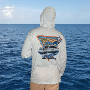 Long sleeve hooded UPF 50 performance shirt for anglers and outdoor enthusiasts, lightweight, breathable, moisture-wicking, sun-protective shirt for fishing, hiking, and outdoor adventures.