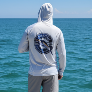 Long sleeve hooded UPF 50 performance shirt for anglers and outdoor enthusiasts, lightweight, breathable, moisture-wicking, sun-protective shirt for fishing, hiking, and outdoor adventures.