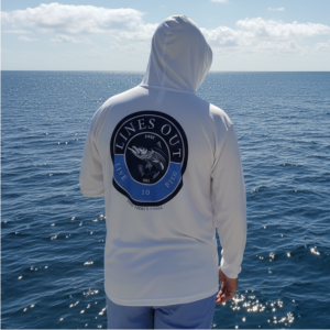 Long sleeve hooded UPF 50 performance shirt for anglers and outdoor enthusiasts, lightweight, breathable, moisture-wicking, sun-protective shirt for fishing, hiking, and outdoor adventures.